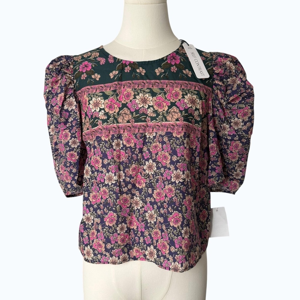 Self Contrast Blouse Womens Small Multicolor Boho Floral Puff Sleeve Made USA
